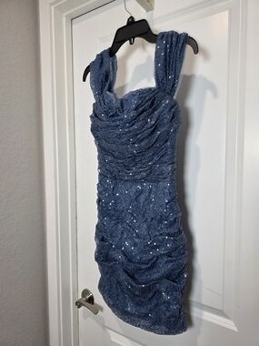 Blue Ruched Sequin Mini Dress with Padded Straps